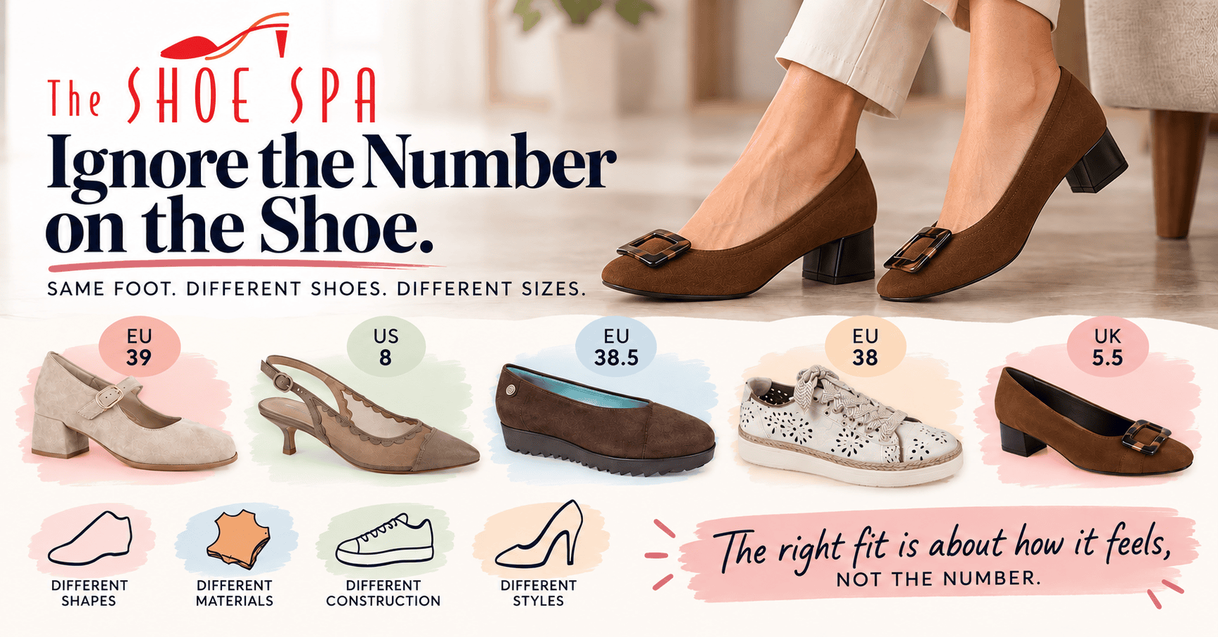 Infographic explaining why women's shoe sizes vary by style, shape, materials and construction, from The Shoe Spa.